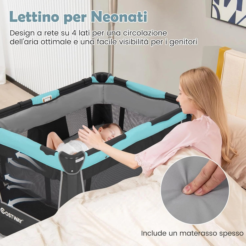 Lettino da Campeggio Pieghevole 5 in 1, Box Bambini con Culla Removibile, Fasciatoio, Materasso, Ripiano Portaoggetti, Ruote Bloccabili, per Bambini 0-36 Mesi (Verde, 103 x 74 x 73 cm)