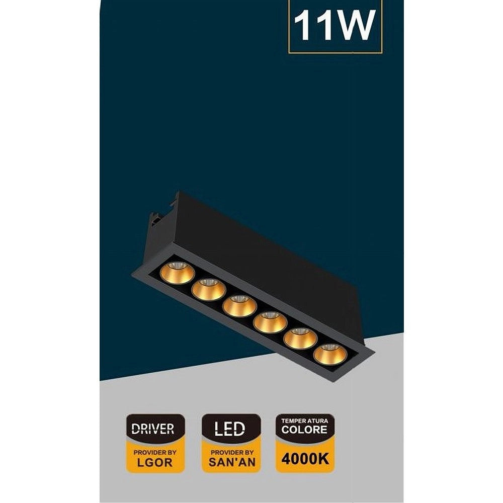 Trade Shop - Faretto Led Rettangolare Incasso 11w Luce 6000k 4000k 3000k Moderno Nero Xtd-6-n -