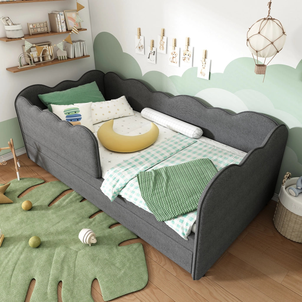 Letto daybed con letto estraibile 90x190 cm, letto per bambini in lino grigio con rete a doghe, senza materasso