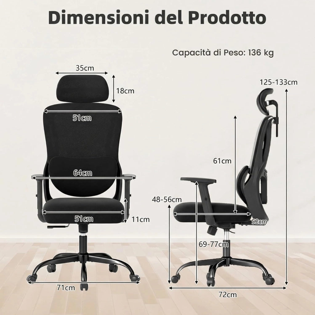 Sedia da Ufficio Ergonomica con Poggiatesta, Sedia da Scrivania con Schienale Regolabile, Supporto Lombare e Braccioli, Sedia da Lavoro Girevole per Computer per Casa, Ufficio e Studio