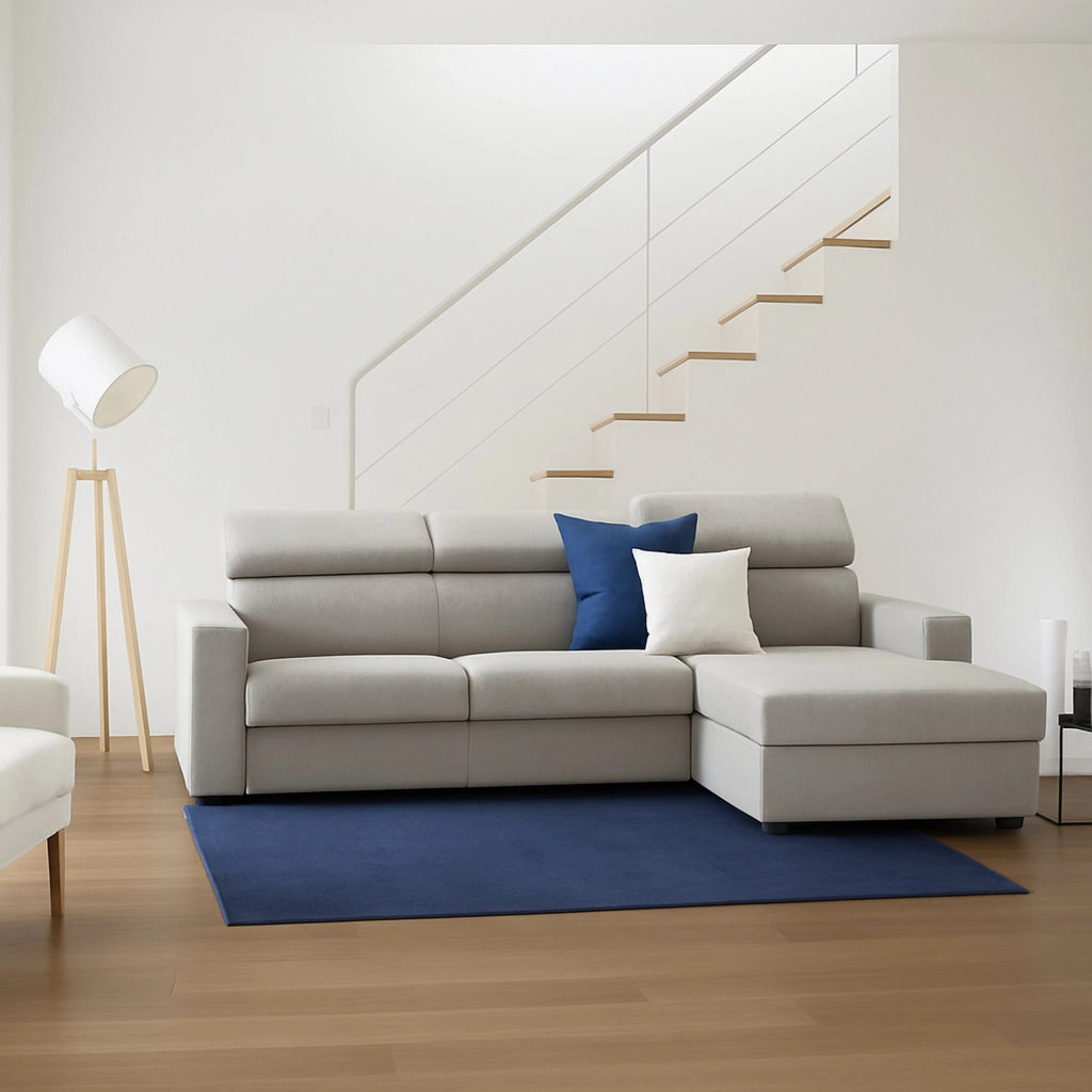 Divano fisso Ameno, Divano ad angolo, Made in Italy, SofÒ  Soggiorno con chaise longue, in tessuto imbottito - Penisola contenitore Destra, con Braccioli standard, cm 280x95h85, Tortora