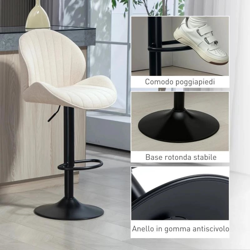 SET 2 SGABELLI DA BAR A CONCHIGLIA CON POGGIAPIEDI, IN TESSUTO EFFETTO CINIGLIA, 48X50X94-115 CM, NERO E BEIGE
