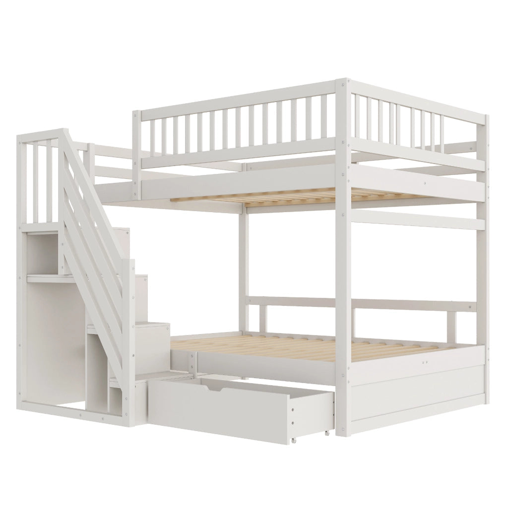 Letto a castello in legno massello 140x200 cm con scala contenitore e cassetti; bianco