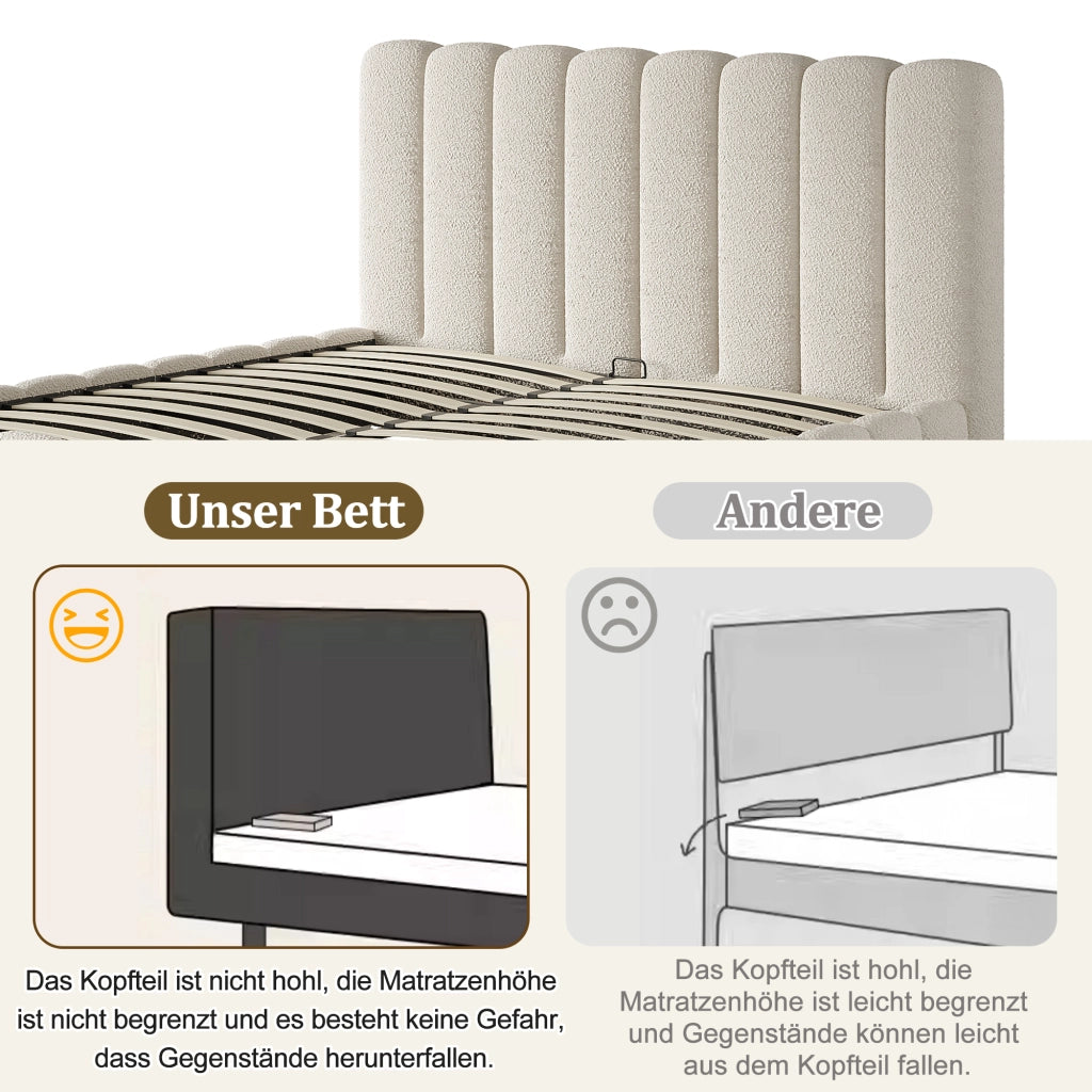 LETTO Contenitore 160x200 cm Bouclé Bianco con rete a doghe