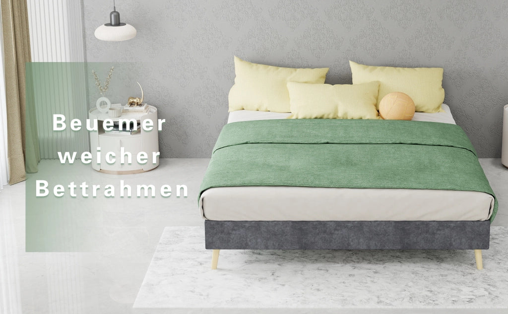 Letto matrimoniale 140x200 cm in tessuto grigio con testiera geometrica e rete a doghe