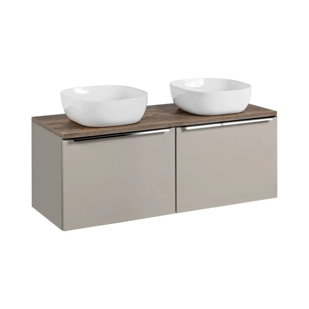 Set da bagno VANTA color taupe: mobile sotto lavabo 120cm + top lavabo + 2 lavabi bianchi da appoggio