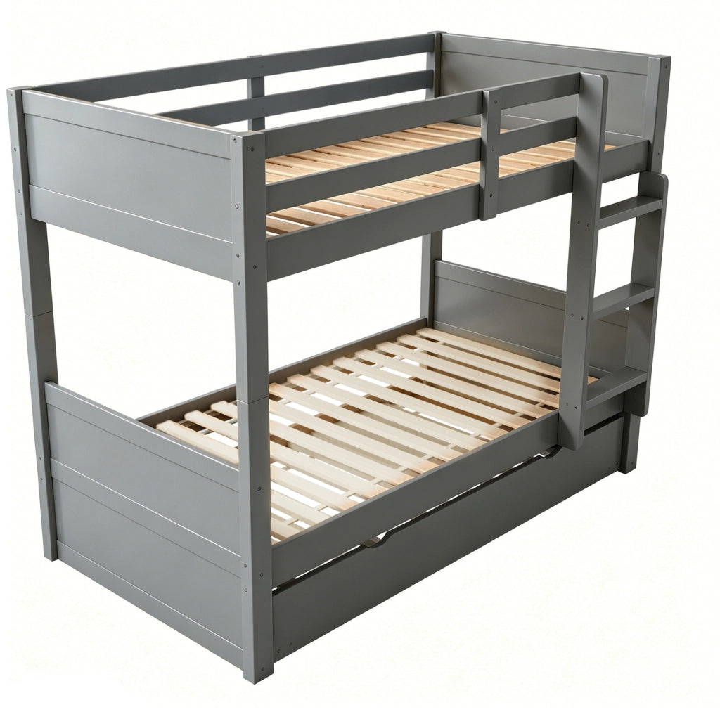 Letto a castello 90x200 cm in legno grigio con letto estraibile; scala e sbarre di sicurezza