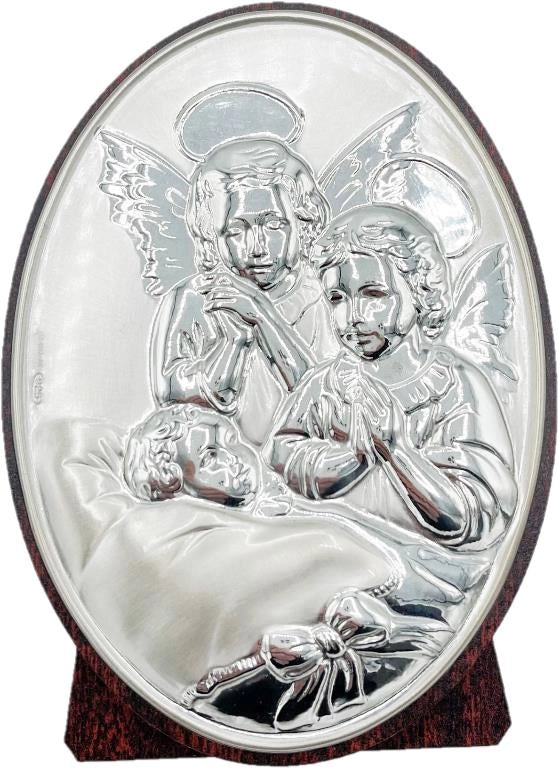 Quadretto Quadro da tavolo mobile legno e argento angeli ovale 11 x 8 cm