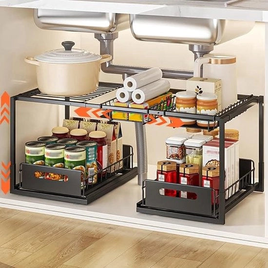 Organizzatore di Cassetto Estendibile 2 Livelli per Lavandino Organizzatore per Lavandino Scomparto Regolabile per Sotto Lavabo Scaffale in Acciaio per Armadi Cucina Bagno (Nero B Pillare)
