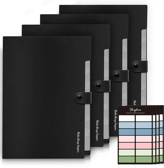 Set di 4 mappe documentarie A4, mappa con 8 compartimenti, mappe documentarie A4 pieghevoli con etichette, organizzatore portatile, sistema di mappe, leggenda A4 nera