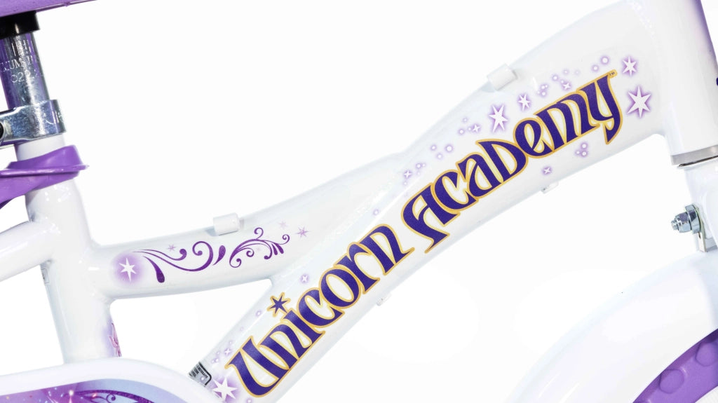 UNICORN ACADEMY 12", bicicletta per bambini, adatta a bambini tra i 3 e i 5 anni, per altezza tra 85 e 105 cm, cestino e