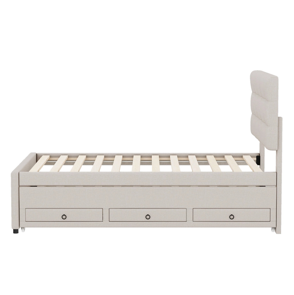 LETTO imbottito estraibile 90x200 cm lino beige con 3 cassetti