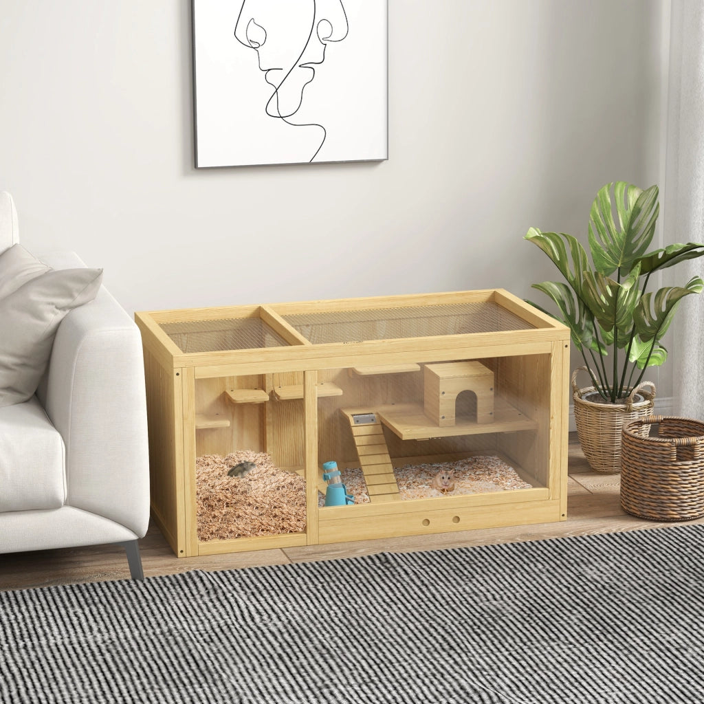Tiragraffi per gatti in legno con due ambienti e piattaforme multiple per criceti e gerbilli legno naturale