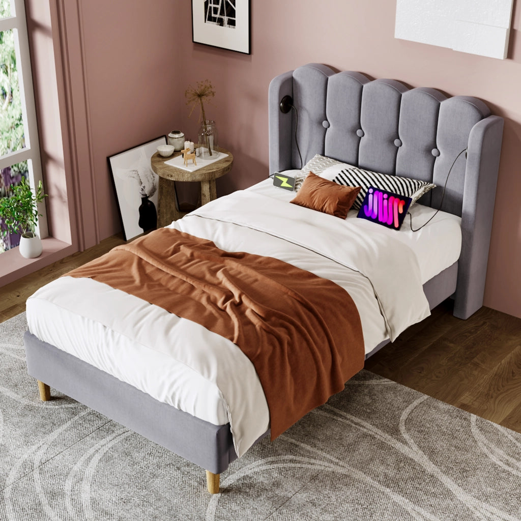 OKWISH Letto Singolo 1 Posto, USB e USB-C, 90 x 200 cm, Con Materasso, Testiera Imbottita, Grigio