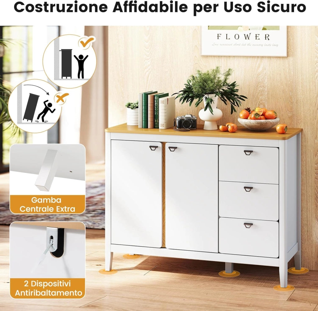 Credenza Buffett da Cucina con Armadietto a 2 Ante con Ripiano Regolabile su 3 Livelli, Mobile da Sala Pranzo con 3 Cassetti, Credenza Salvaspazio per Soggiorno e Salotto, 106 x 40 x 80 cm