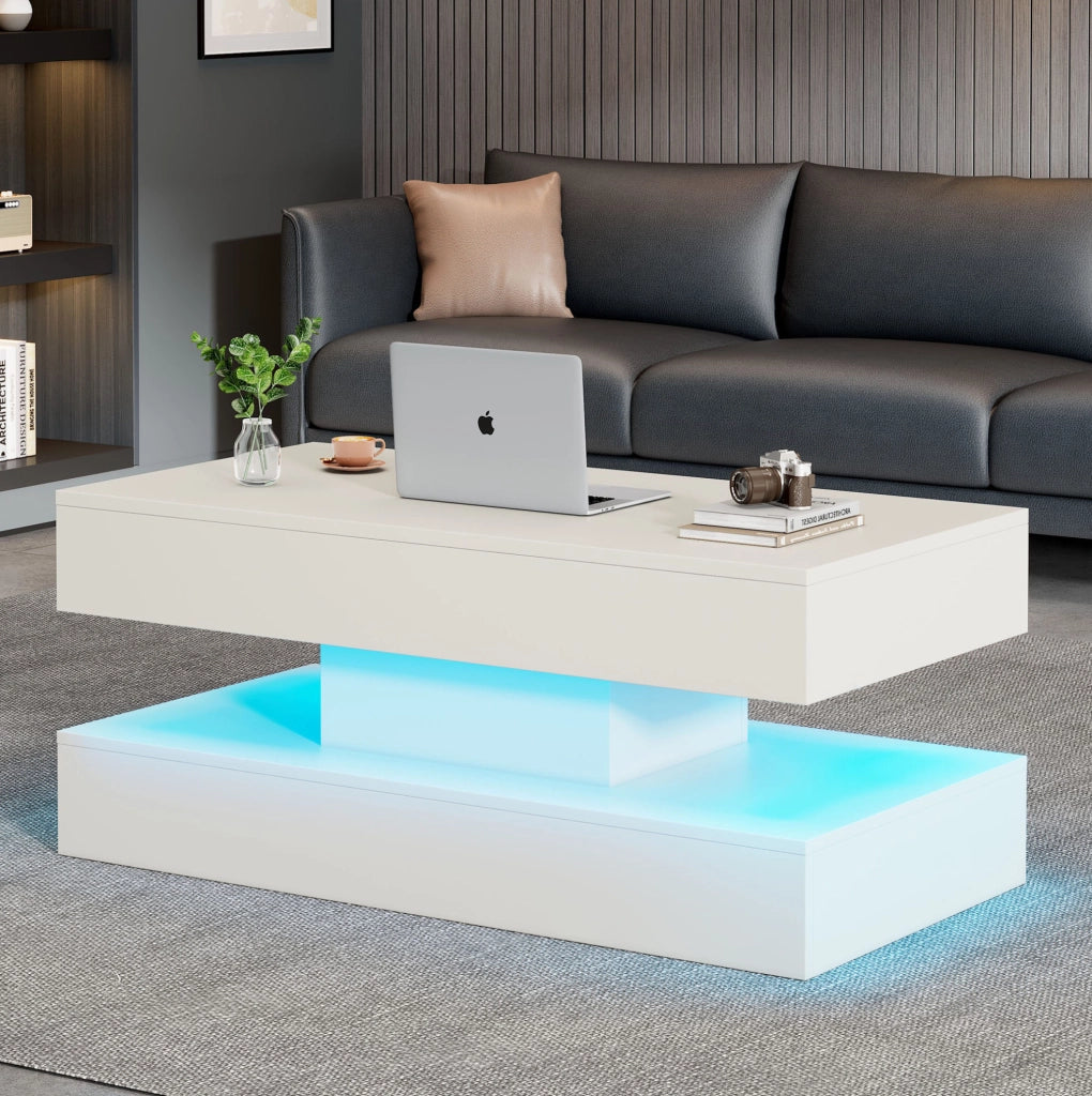 Tavolino da caffè 100x50x42 cm con piano sollevabile; LED e vano nascosto in truciolato bianco