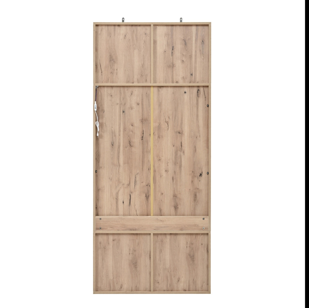 Mobile ingresso moderno con panca; 5 ganci; 4 vani aperti e illuminazione regolabile; 80x35x185 cm; bianco e naturale
