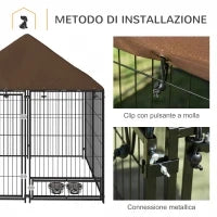 Recinto per Cani in Metallo e Tessuto Oxford con Porticina per Ciotole, 141x141x151 cm, Nero e Marrone
