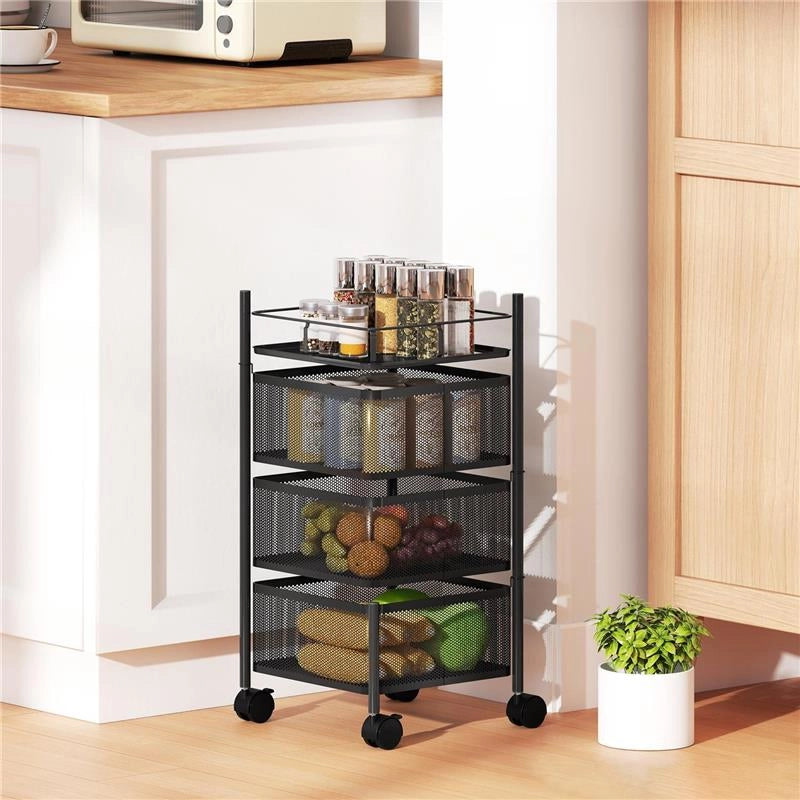 CARRELLO CUCINA A 3 LIVELLI CON CESTINI IN METALLO GIREVOLI, RUOTE E FRENO, 27.5X27.5X62 CM, NERO