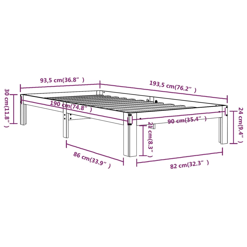 Letto singolo | Letto per adulti | Giroletto in Legno Massello 90x190 cm Single