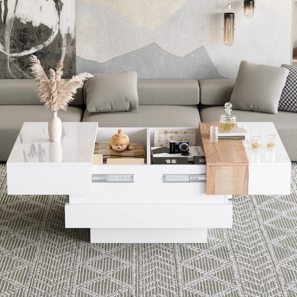 TAVOLINO da caffè quadrato 70x70x39 cm bianco lucido con piano estraibile