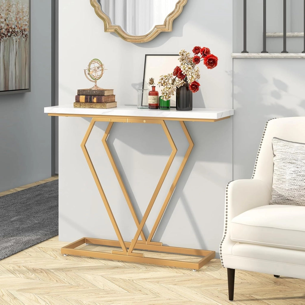 Tavolo consolle da ingresso, 100 x 29,5 x 80 cm, superficie in marmo artificiale e gambe metalliche, tavolo stretto per dietro il divano, tavolo rettangolare per lobby, soggiorno