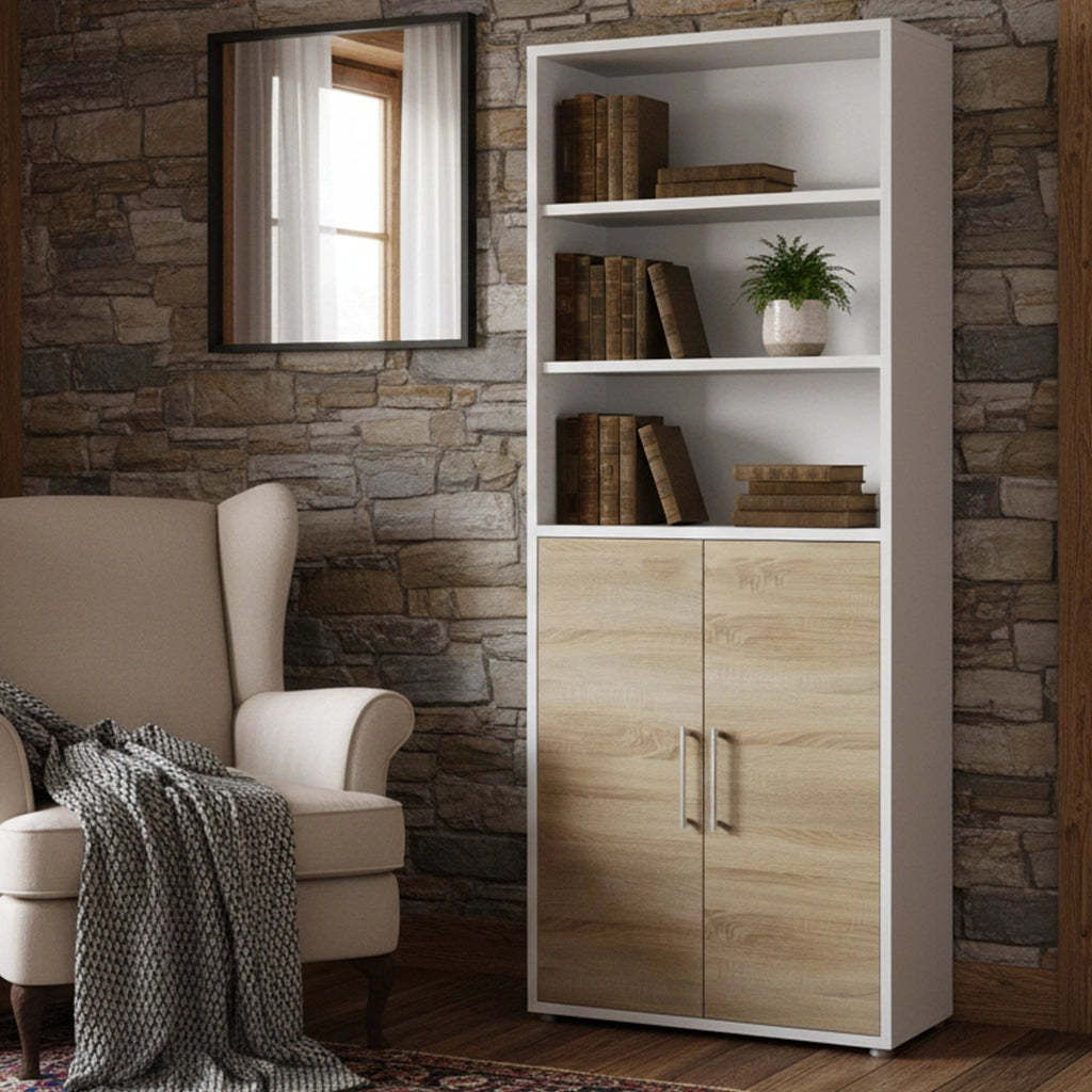 Credenza Valsesia, Buffet da soggiorno, Madia da salotto, Dispensa da cucina, 89x40 h222 cm, Bianco e Quercia