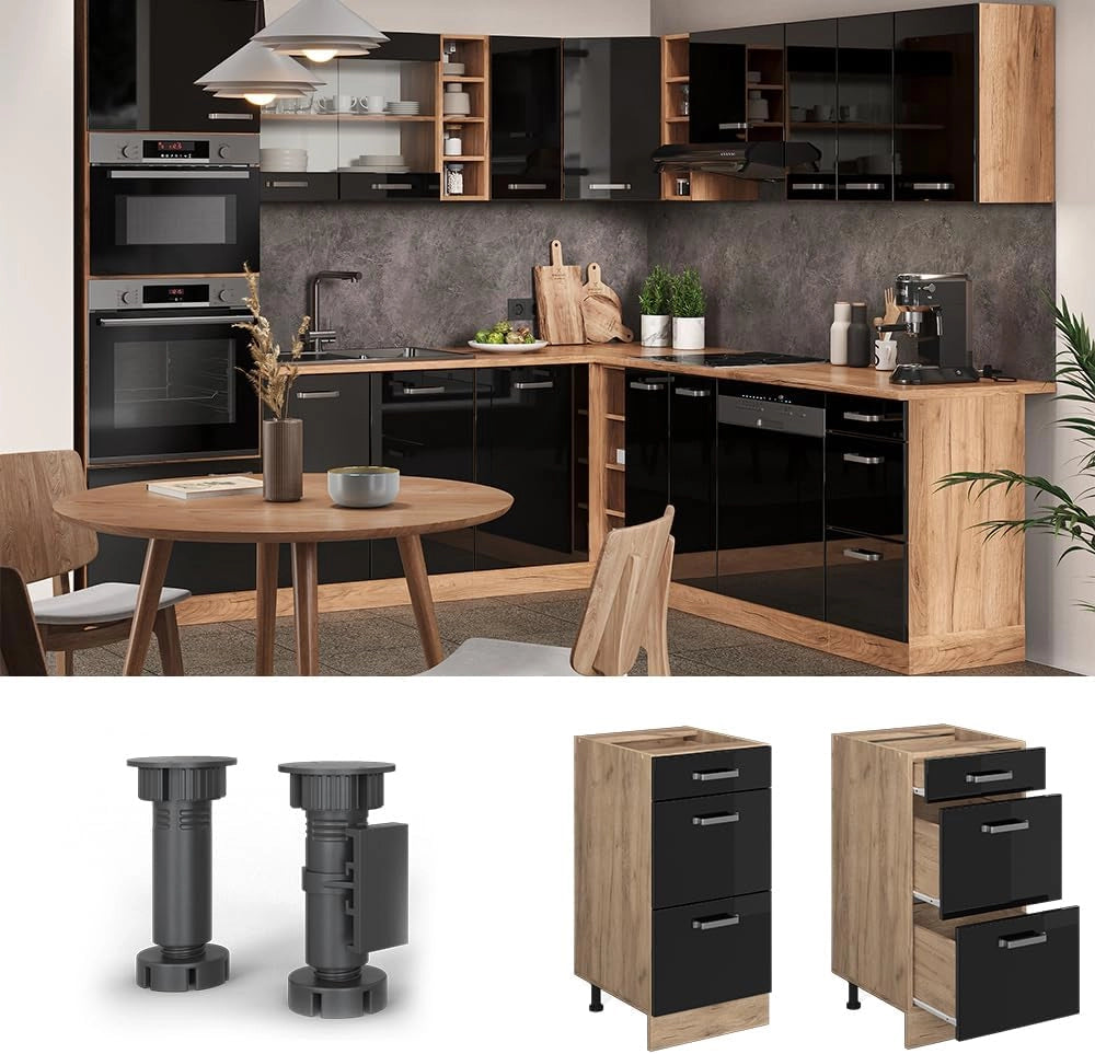 Mobiletto base per cucina R-Line, Nero lucido, 40 cm con cassetti, senza piano di lavoro, per la libera combinazione all'interno di sistemi cucina modulari