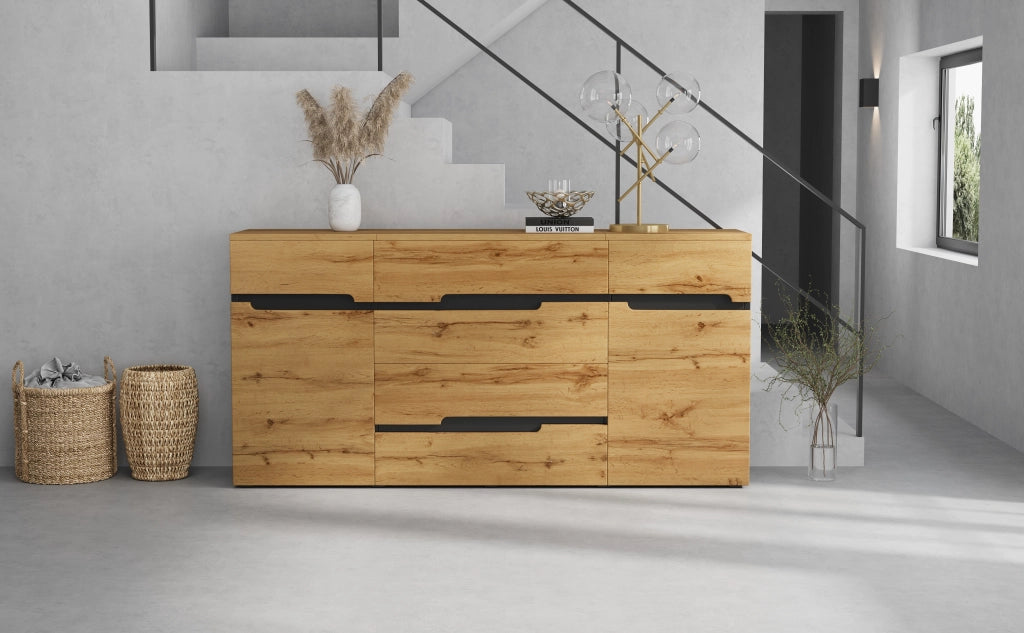 Credenza Soggiorno 160 cm Mobile Buffet 2 Ante 4 Cassetti Legno e Nero
