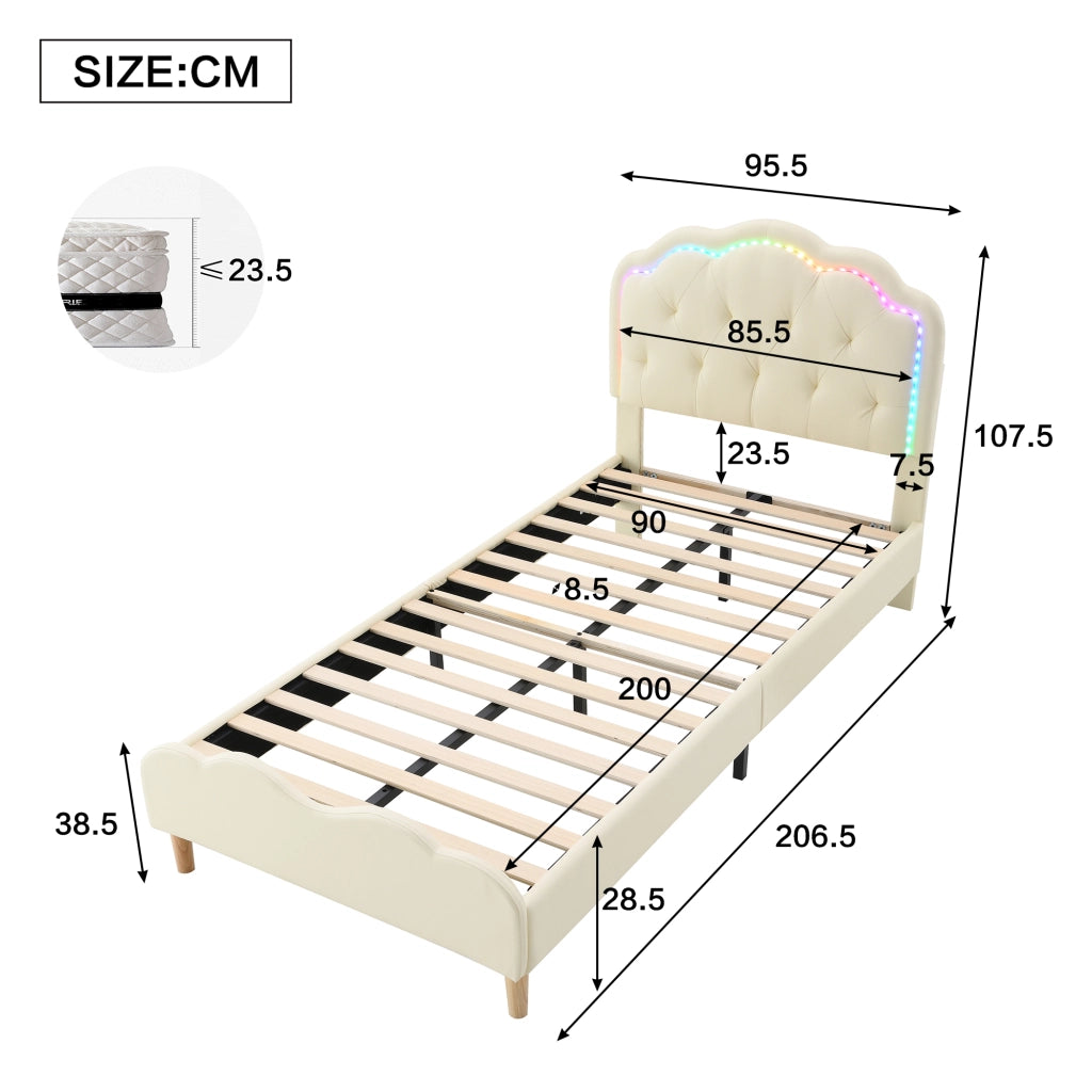 Letto per Bambini Letto Singolo con LED Multicolore e Testiera Ondulata 90×200 cm; senza Materasso; PU; Beige