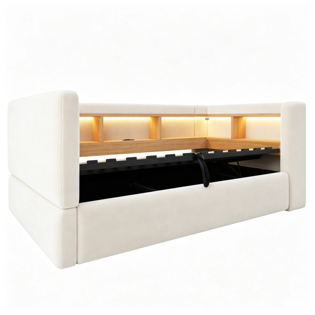 Divano letto 90x190 cm con contenitore; LED e prese in flanella beige