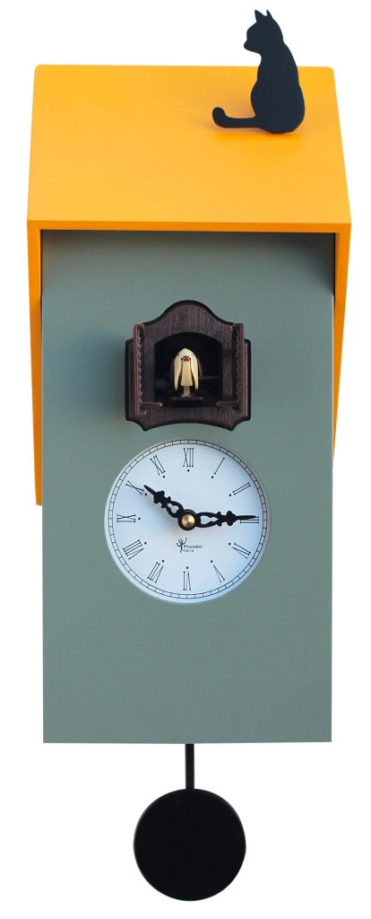 Orologio a Cucù da Parete 17x37x12 cm con Gatto Pirondini Italia Vicenza Grigio Cemento