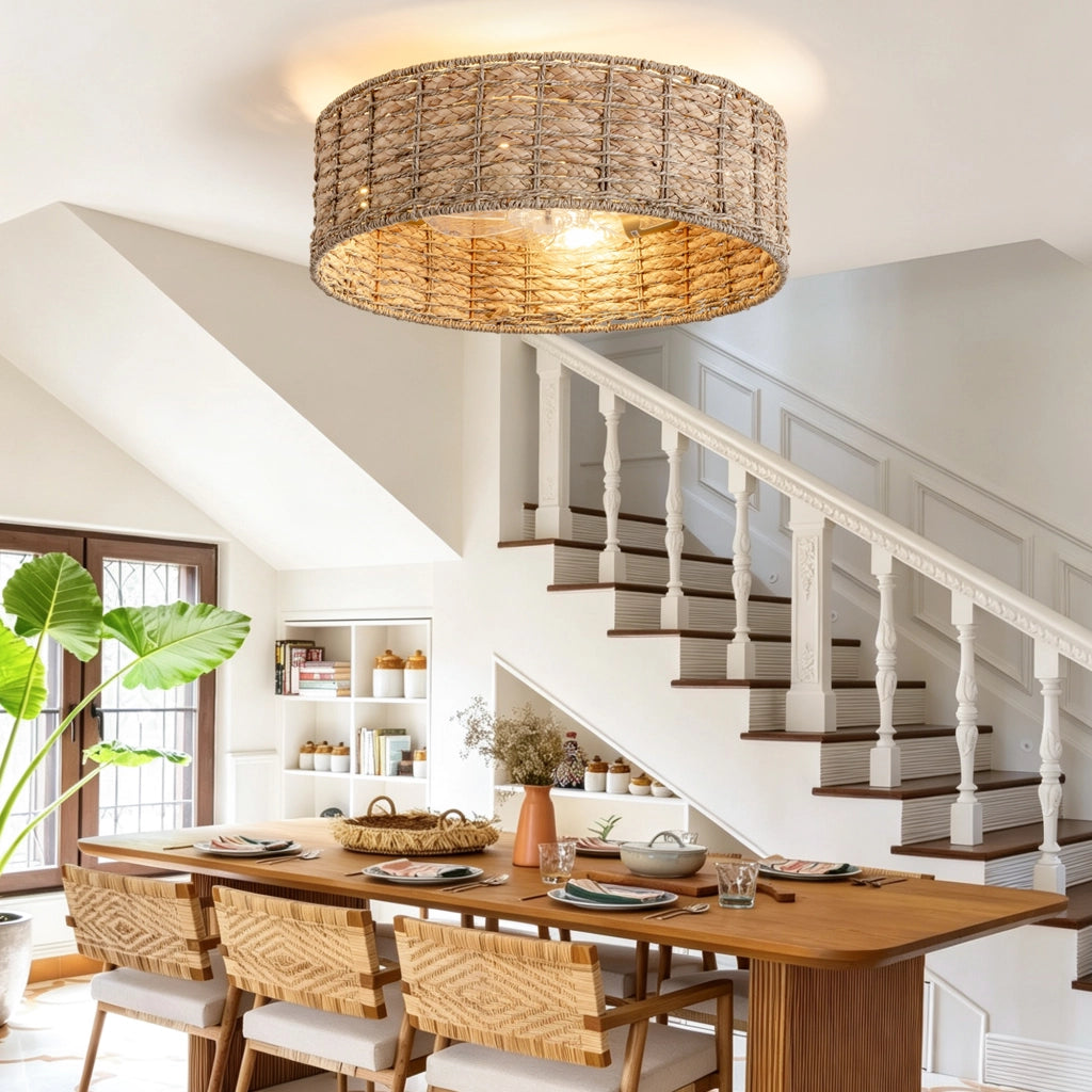 Ventilatore da soffitto con luce e telecomando; 53 cm; rattan naturale e finitura rame