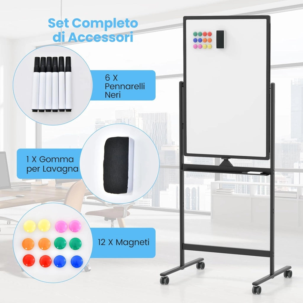 Lavagna Bianca Portatile con Ruote, Lavagna Bianca Regolabile in Altezza, Lavagna a Secco Reversibile per Scuola, Ufficio, Casa (nero)