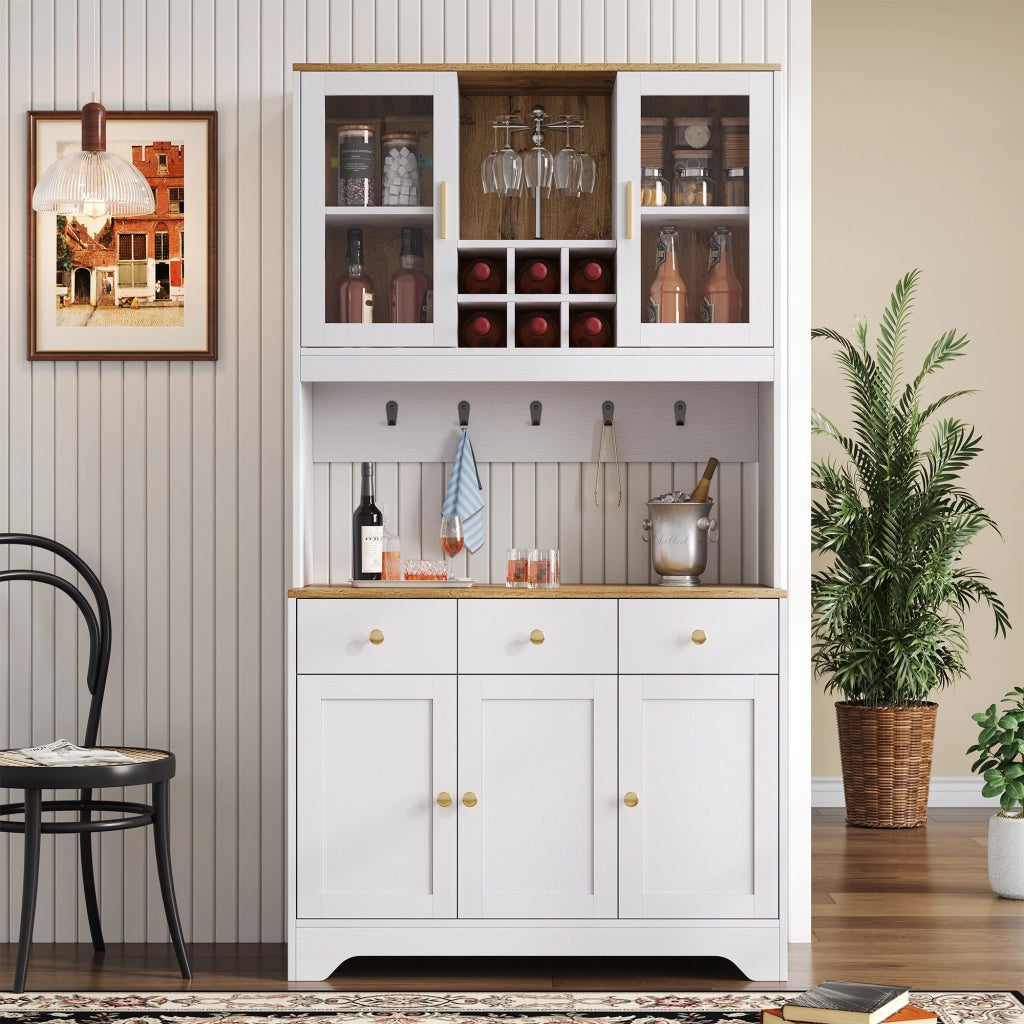 OKWISH Credenza Alta con 5 Ante, 3 Cassetti e Vani Aperti, Ante in Acrilico e Cerniere Ammortizzate, 94.5 x 30 x 175.5 cm