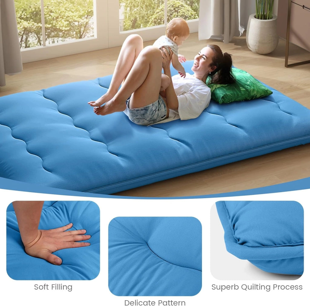Futon - Materasso portatile giapponese 140 x 200 cm, imbottitura in cotone, materasso pieghevole per 2 persone, borsa per il trasporto, fodera lavabile, 2 fasciature, tatami pieghevole per