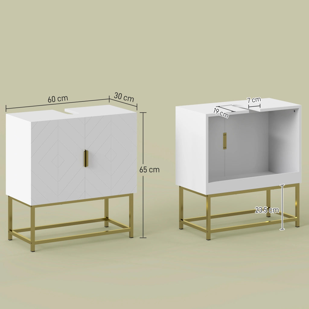 Mobile Bagno Sottolavabo con Armadietto 2 Ante in Legno e Acciaio. 60x30x65cm. Bianco e Oro
