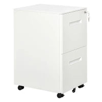Cassettiera Ufficio con Ruote, Schedario Portadocumenti a 2 Cassetti con Serratura e 2 Chiavi in Acciaio, 39x48x67cm, Bianco