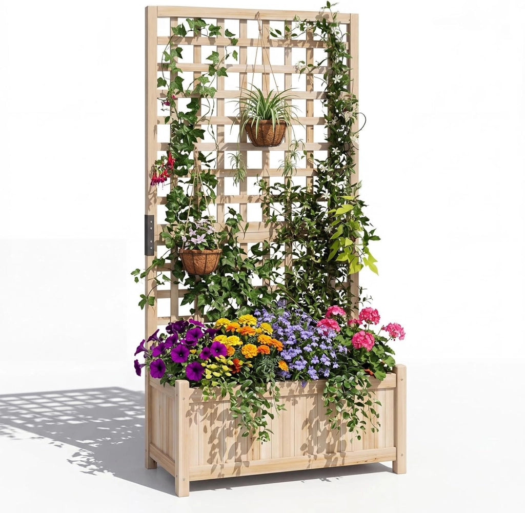 2 in 1 Fioriera con Traliccio, Letto Orto Rialzato in Legno con Grigliato per Piante Rampicanti, Pannello Rimovibile e Fori di Drenaggio, per Fiori e Verdure, 76 x 32 x 143 cm (Naturale)