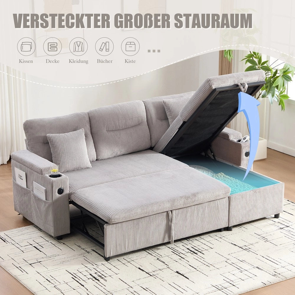 Divano 3 posti con contenitore e chaise longue ¨C Minimal ¨C Grigio corda, idraulico, con porta bevande e USB-C