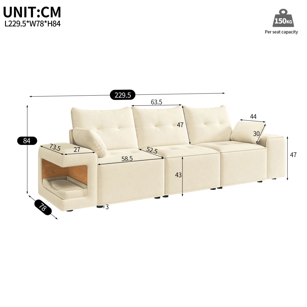 DIVANO Modulare 3 Posti 229,5x78x84 cm Velluto Beige con 2 Cuscini e Contenitore