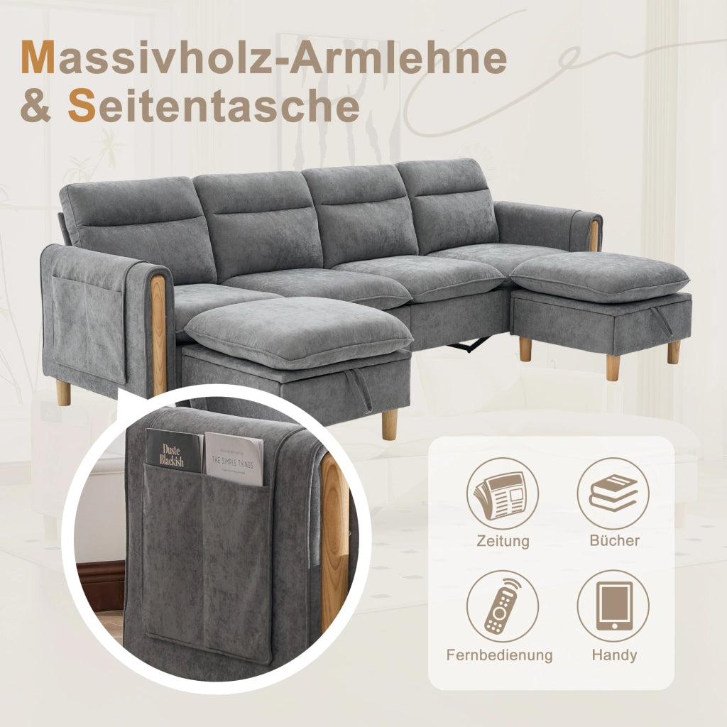 Divano a U modulare con 2 pouf contenitore e tasche laterali in chenille grigio chiaro per soggiorno 261 × 77 × 86 cm