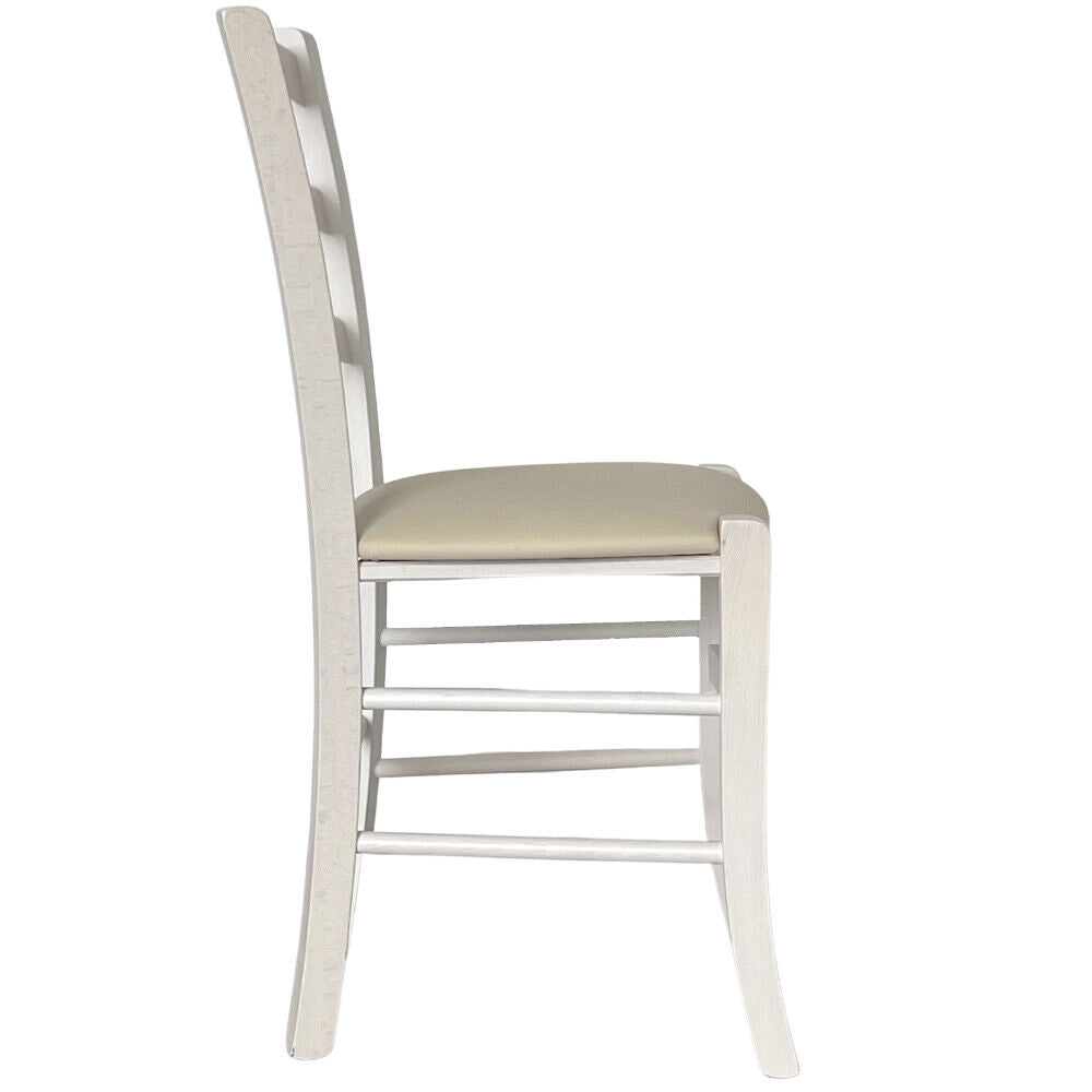 Sedie da sala da pranzo in legno Venezia bianche con seduta in similpelle beige