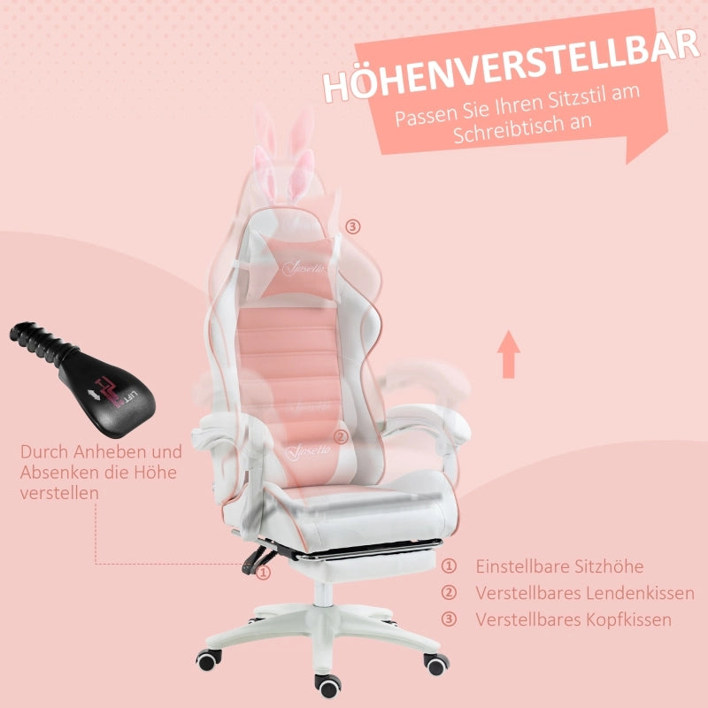 Chaise de bureau gaming ergonomica con poggiapiedi cuscini removibili e orecchie da coniglio in pelle sintetica rosa