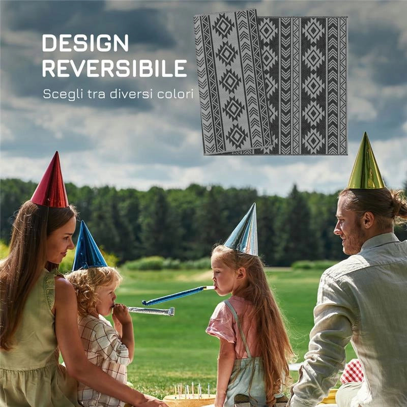 TAPPETO MODERNO PER ESTERNI NERO E GRIGIO IN PP CON DESIGN REVERSIBILE E PIEGHEVOLE, 182X274 CM