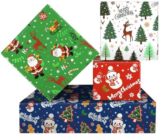 Set di carta da regalo per Natale da 4 fogli - carta da imballo per compleanni - carta da imballo per bambini - carta da imballo in rotoli - 50 x 70 cm - disegni iconici di Natale