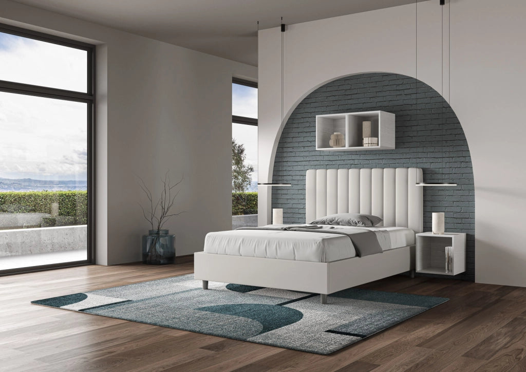 Letto matrimoniale francese contenitore imbottito 140x190 similpelle bianco Agueda