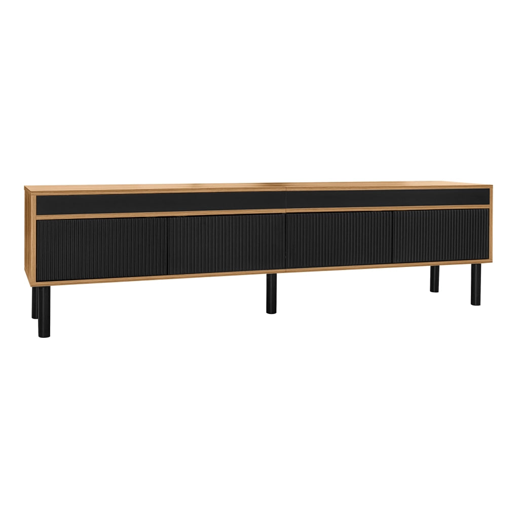 Mobile TV con 4 Ante e Apertura Push-to-Open; Effetto Doghe; Piedini in Legno; Stile Moderno; Nero; 170??38??47 cm