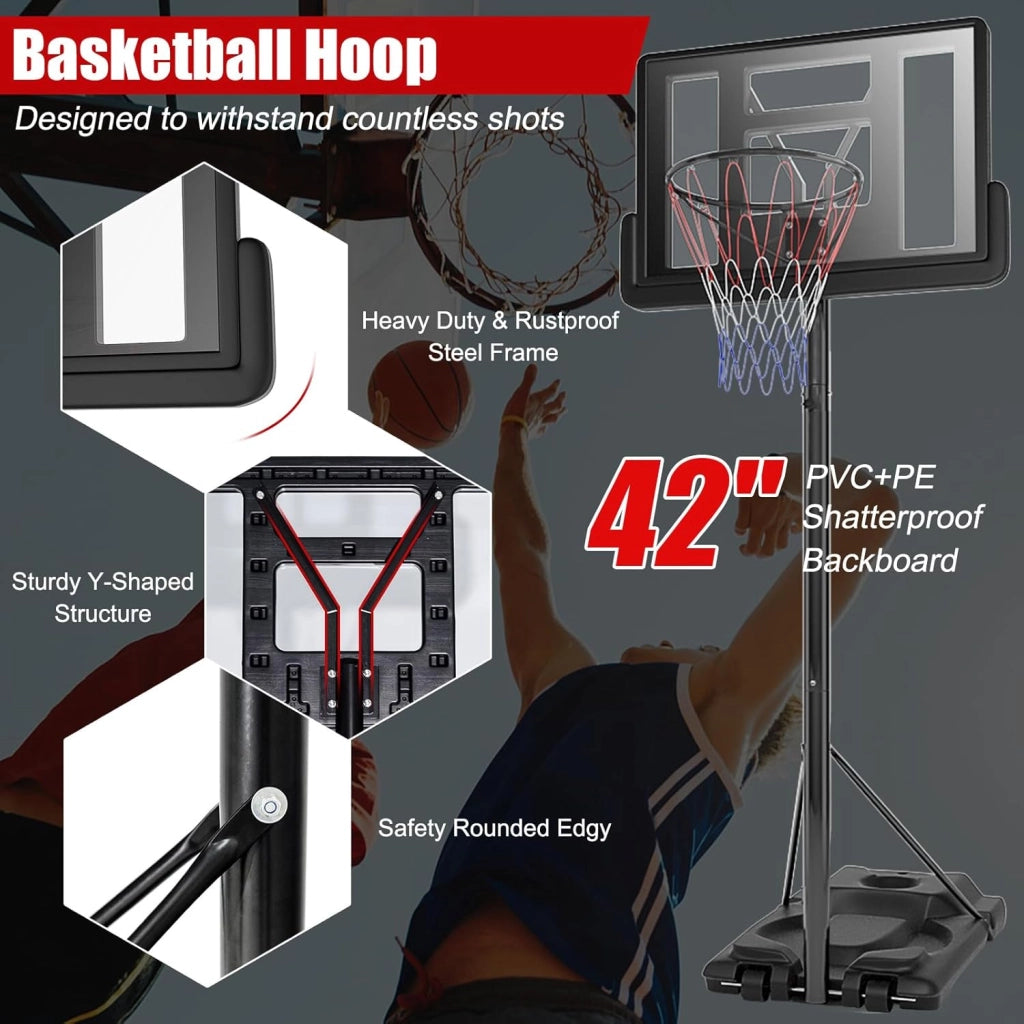 Canestro Basket per Esterno in PE e PVC, 6 Livelli di Altezza Regolabile 180-305 cm, Supporto da Basket Portatile con Ruote, Base, Pallacanestro per Interni, per Bambini e Adulti