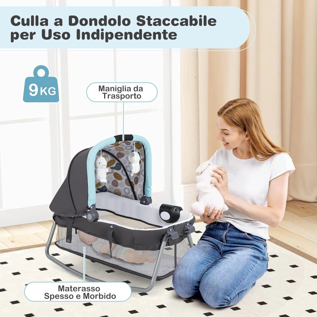 5 in 1 Culla Campeggio Bambini, Lettino Viaggio Neonati Pieghevole con Materasso, Fasciatoio, Box Portatile con Ruote, 2 Giocattoli e Carillon, per Bambini 0-3 Anni (Blu)
